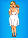 shocked fat obese blonde woman in white dress with hamburger, obesity from fast food concept in pop art.