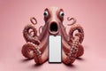 Shocked real octopus holding smartphone with white mockup screen on solid color background. ai generative