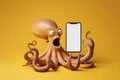 Shocked real octopus holding smartphone with white mockup screen on solid color background. ai generative