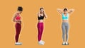 Shocked sad different young women athletes in sportswear, fat ladies drawn around, checking weight
