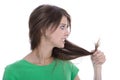 Shocked and sad woman - broken hair after coloration. Royalty Free Stock Photo