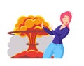 Shocked scared girl and nuclear explosion mushroom behind her Royalty Free Stock Photo