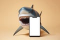 Shocked Shark holding smartphone with white mockup screen on solid color background. ai generative