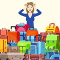 Shocked young woman girl traveller have problems with suitcases too many things to take vector illustration flat style Royalty Free Stock Photo