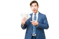 Surprised young man can`t believe he won money Royalty Free Stock Photo