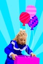 Shocked, surprised little girl, child opening present box on her birthday on blue background. Contemporary art collage