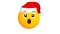 Shocked, surprised yellow emoji ball in santa claus christmas hat isolated on white background. Negative emotions Royalty Free Stock Photo