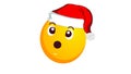 Shocked, surprised yellow emoji ball in santa claus christmas hat isolated on white background. Negative emotions Royalty Free Stock Photo