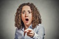 Shocked terrified business woman pointing finger Royalty Free Stock Photo