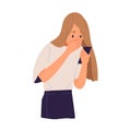 Shocked woman closed mouth by hand look at screen of smartphone vector flat illustration. Young girl having astonished