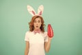 shocked woman in easter bunny ears with shampoo