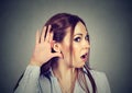 Shocked woman eavesdropping. Rumors and gossips concept. Royalty Free Stock Photo