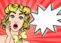 Shocked woman face with hand and open mouth with thinking cloud for your message in pop art retro comic style