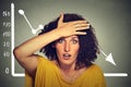 Shocked woman with financial market chart graphic going down Royalty Free Stock Photo