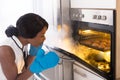 Shocked Woman Looking At Burnt Cookies In Oven Royalty Free Stock Photo