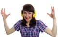 Shocked woman wearing protective headphones