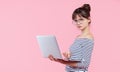 Shocked worried young asian female office assistant in eyeglasses hold laptop,