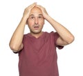 Shocked 40 years old bald man in t-shirt isolated Royalty Free Stock Photo