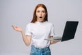 Shocked young business woman or student with opened mouth holding keeping opened laptop computer Royalty Free Stock Photo