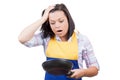 Shocked Young Woman with Frying Pan Royalty Free Stock Photo