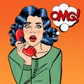 Shocked Young Woman Talking on the Phone. Pop Art Royalty Free Stock Photo