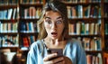 Shocked young woman with wide eyes and open mouth staring at her smartphone, expressing surprise and disbelief in a library full