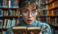 Shocked young woman with wide eyes and open mouth staring at opened book, expressing surprise and disbelief in a library full of