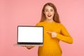 Shocking advertising! Portrait of amazed ginger girl in sweater pointing at laptop empty screen and looking surprised, copy space