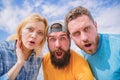 Shocking news. Amazed surprised face expression. How to impress people. Shocking impression. Men with beard and woman Royalty Free Stock Photo