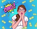 Shocking woman in glasses say OMG with close mouth by hands and Falling Down Money
