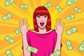 Shocking woman hand up surprised with Falling Down Money