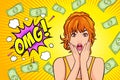 Shocking woman say OMG hand up surprised with Falling Down Money