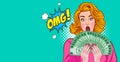 Shocking woman surprised say OMG and show lot of money in hands