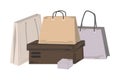 Shoe boxes and paper bags. Cartoon purchases packages composition. Gift and shopping cardboard containers. Hand drawn