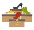 Shoe boxes with woman s footwear. Stylish modern sneakers, woman s high heel shoes on box, side view. The price tag with discount