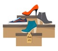 Shoe boxes with woman s footwear. Stylish modern sneakers, woman s high heel shoes on box, side view. The price tag with discount