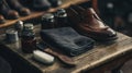 Shoe cleaning tools set vintage workshop product showcase rustic environment close-up view craftsmanship concept Royalty Free Stock Photo