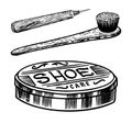 Shoe cream and brush for cleaning the soles. Vintage label. Hand drawn engraved sketch for T-shirt, logo or badges.