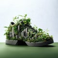 A shoe designed with a reduced carbon footprint, incorporating green elements