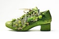 A shoe designed with a reduced carbon footprint, incorporating green elements