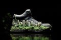 A shoe designed with a reduced carbon footprint, incorporating green elements and