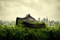 A shoe designed to reduce carbon emissions, featuring green elements and a city-wide focus on recycling for an improved ecological