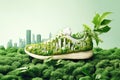 A shoe designed to reduce carbon emissions, featuring green elements and a city-wide focus on recycling for an improved ecological