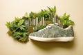 A shoe designed to reduce carbon emissions, featuring green elements and a city-wide focus on recycling for an improved ecological