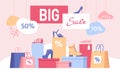 Shoe discount. Big sale banner with shopping bags and women footwear on box. Shop special offer for fashion shoes and