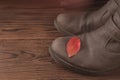 Shoe with fall leave, atumn still life. Royalty Free Stock Photo
