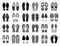 Shoe footprints, foot prints of sole and boot steps, vector silhouettes.