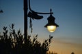 shoe hanging on a street lamp, dusk setting Royalty Free Stock Photo