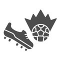 Shoe kick the ball solid icon. Kicking off soccer-ball symbol, glyph style pictogram on white background. Sport sign for Royalty Free Stock Photo