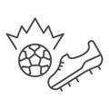 Shoe kick the ball thin line icon. Kicking off soccer-ball symbol, outline style pictogram on white background. Sport Royalty Free Stock Photo